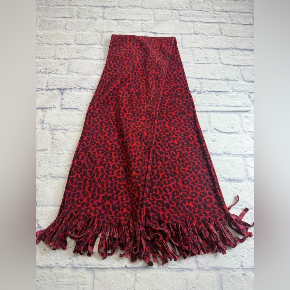 Red Leopard Print Fleece Scarf w/Fringe. Artsy.